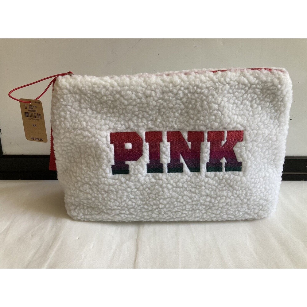 Victoria's Secret PINK White Cozy Plush Fleece Beauty Cosmetic Makeup Bag